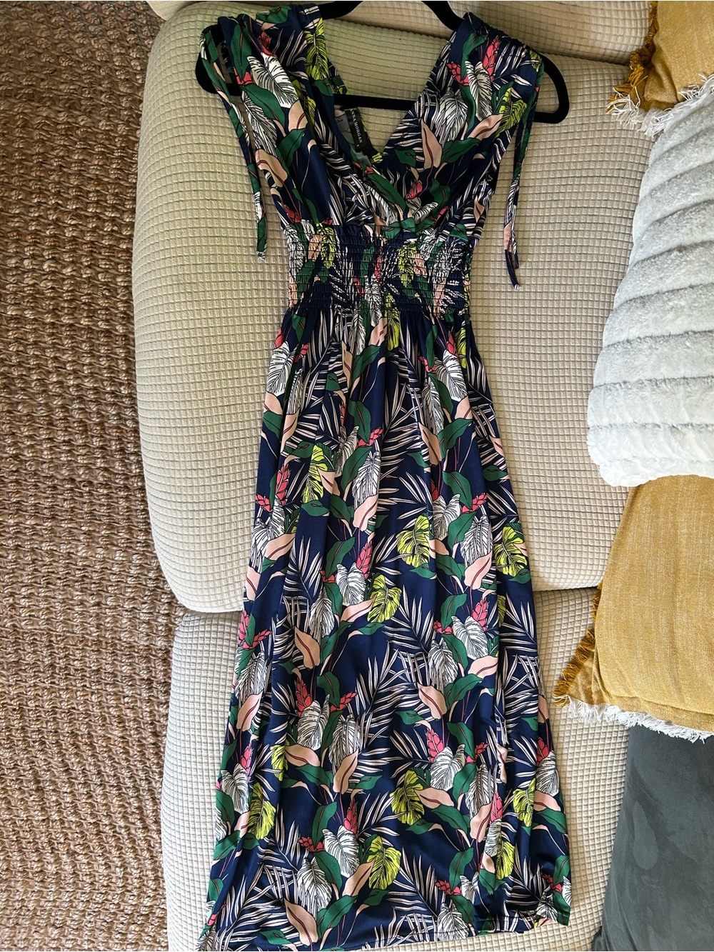 Tropical Navy Maxi Dress with Smocked Waist